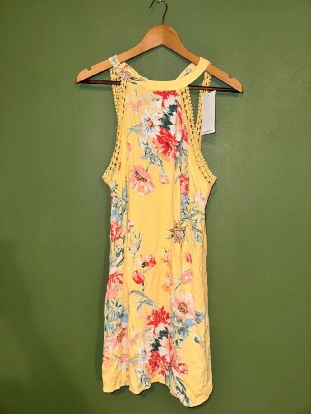 Eyeshadow Yellow Floral Crochet Lace Halter Dress Boho Festival NWT Size L